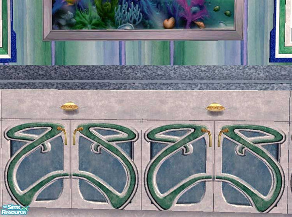 Sims 2 — Oceanic Cabinets (updated) by dancingaphrodite — White marble cabinets with green and blue accents. Shown with