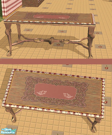 Sims 2 — Caramel Patch Table by puterwitch — Patch trimmed caramel toned wood with a lace coverlette