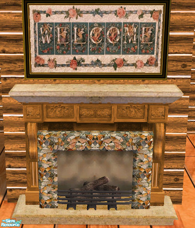 Sims 2 — Rustic River Rock Fireplace by dancingaphrodite — Part of the Log Cabin Collection. Golden white marble combined