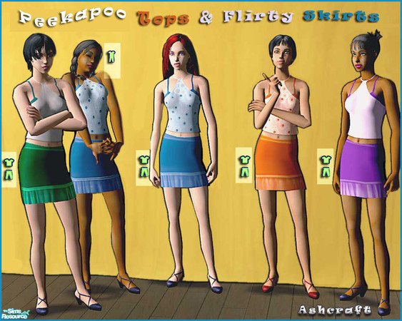 Sims 2 — Peekaboo Tops  and Flirty Skirts by Cashcraft — A selection of halter tops layered over colorful tank tops and