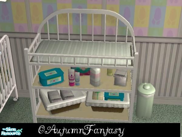 Sims 2 — NeoPets Baby Changing Table by AutumnFantasy — A white trimmed changing table, with soft sage striped fabric,