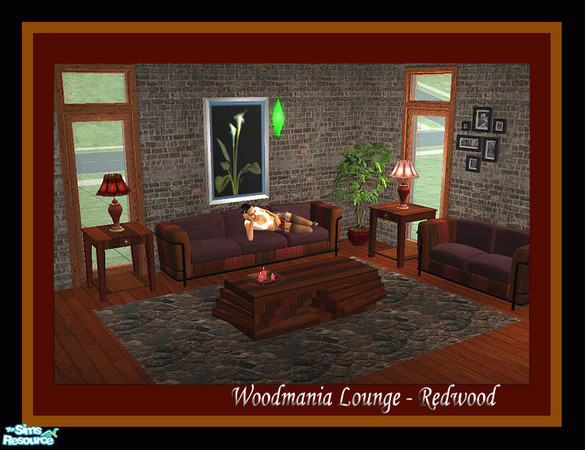 Sims 2 — Woodmania Lounge Setting by miss_beki — Woodmania Lounge Setting. Gorgeous Timber Hues & Warm Reds make an