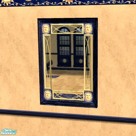 Sims 2 — Celestial Mirror by Bitzybus — Dark blue mirror frame with sun decorations and gold colored metal.