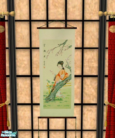 Sims 2 — Oriental Silk Wall Hanging by Nikki041498 — Beautiful painted silk depicting a lovely woman in a garden scene.