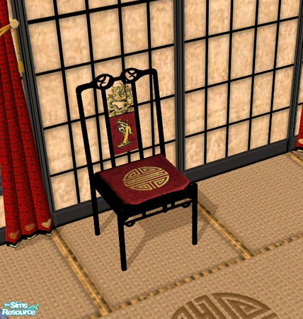 Sims 2 — Oriental Desk Chair by Nikki041498 — Black lacquer with deep red leather seat with gold dragon and Geisha on the
