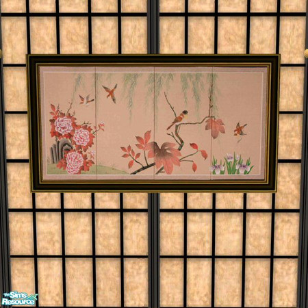 Sims 2 — Oriental Silk Painting by Nikki041498 — Beautiful silk painting of Lotus flowers and birds. Soft reds and greens