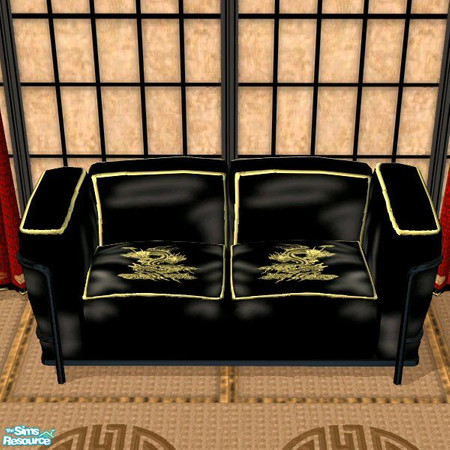 Sims 2 — Oriental Paradise Loveseat by Nikki041498 — Black silk with gold trim and golden dragons on the seat cushions.