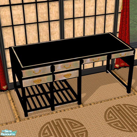 Sims 2 — Oriental Desk by Nikki041498 — Black lacquer with Mother of Pearl insets on the top and covering the drawers.