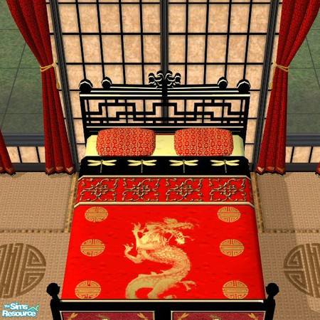 Sims 2 — Oriental Paradise Bedding by Nikki041498 — Bright Chinese red with black and gold accents. The main body