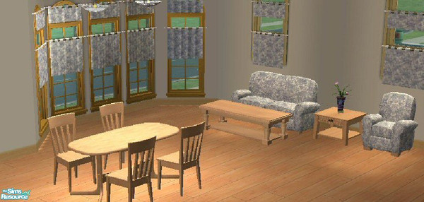Sims 2 — Country Living Dining Set by SSilver — A light and airy dining area with maple wood and light blue toile fabric.