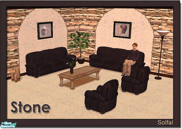 Sims 2 — Stone by solfal — Includes: 4 walls, 1 floor, chair+loveseat+sofa, coffe table, vase , vase with flovers and