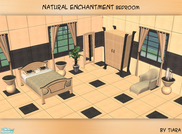 Sims 2 — Natural Enchantment Bedroom by Tiara — Light and black wood combined with natural colored fabrics and silver