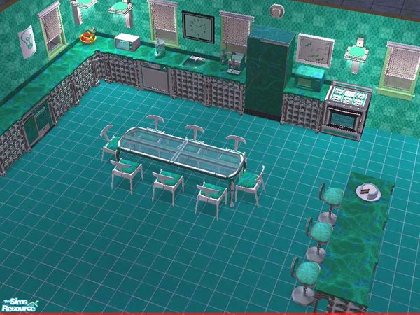Sims 2 — Modern Green Kitchen by buntah — This set includes the counter, island, table, chair, bar stool, fridge, stove,
