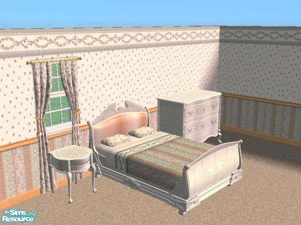 Sims 2 — MC Floral & Stripes Collection by mistresscris — Includes: Bed, Bed Frame, Drapes (2), Side Table, Dresser,