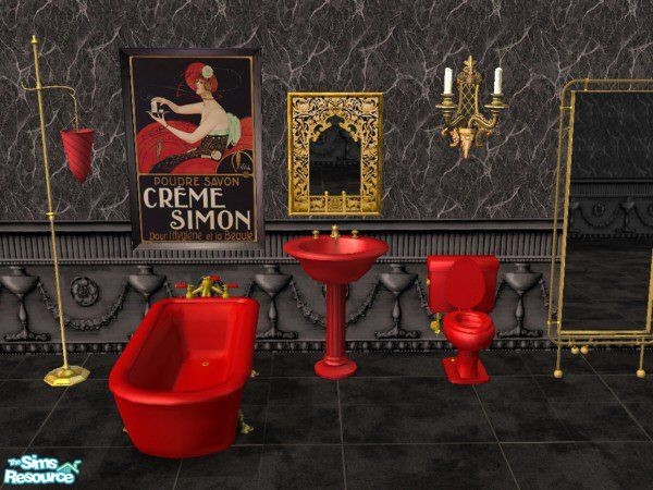 Sims 2 — Romance Bathroom by victoriamayorofthetown — This red/black/gold set was created to match the OxBlood colored
