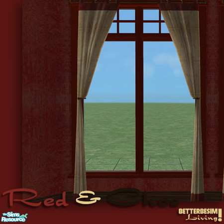 Sims 2 — Red & Choc Livingroom set, Curtain by BetterbeSim — Linnen colored curtains with red trim. Created by