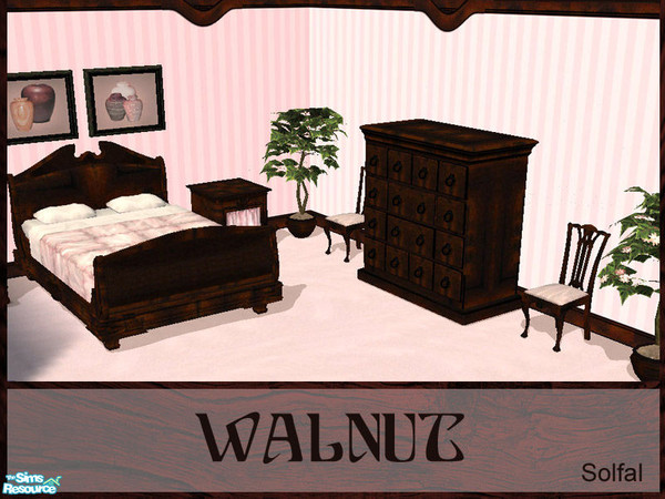 Sims 2 — Walnut by solfal — Includes: Bed+bedding, Dresser, End table, Dining Chair, 2 Paintings, 2 Walls and 1 floor