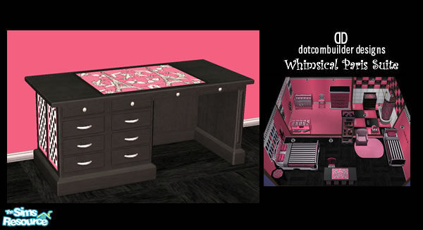 Sims 2 — Desk- Whimsical Paris by dotcombuilder — Ebony wood desk with Eiffel Tower French Toile top and black and white