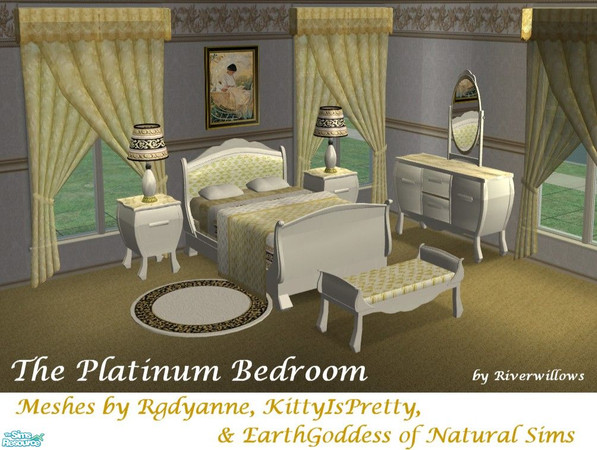 Sims 2 — Platinum Bedroom by Riverwillows — Lovely bedroom in white and gold. Using new room meshes by Rgdyanne, as well