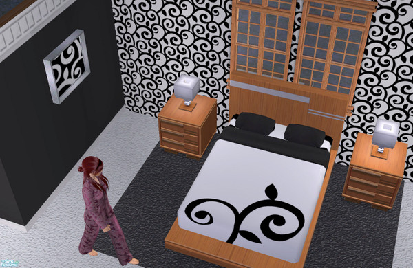 Sims 2 — Bold Black Swirl Bedding by jigsawtooth — Black swirl bedding made to match the bold black wallpaper and