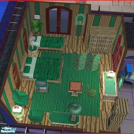 Sims 2 — Mean Green Bedroom by buntah — This set includes 2 bed frames, bedding, end table, coffee table, armchair, lamp,
