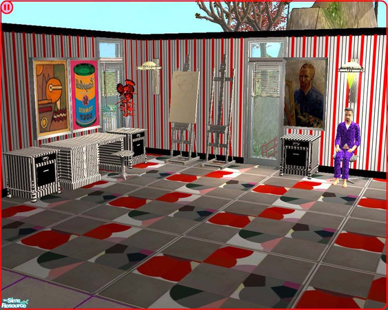 Sims 2 — Artist's Office by buntah — This set includes an easel, desk, 3 paintings, a filing cabinet, a backless