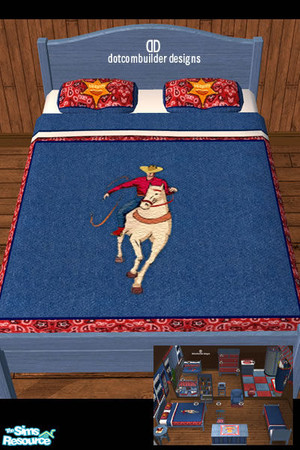 Sims 2 — Bedding- Little Cowpoke by dotcombuilder — Denim bedding with bandana trim, cowboy logo and sheriff pillows.
