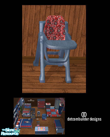 Sims 2 — High Chair- Little Cowpoke by dotcombuilder — High chair in blue stained wood with bandana fabric seart cushion.