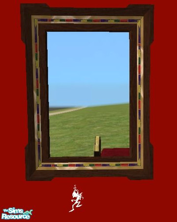 Sims 2 — The Du Prez Set - Mirror by TSR Archive — Dark wenge mirror with mosaic stained wood and gold details.