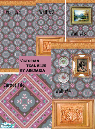 Sims 2 — Victorian Teal Blue by arenaria — A somewhat more traditional Victorian print wallpaper. Includes one plain