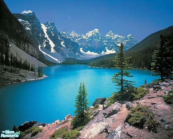 Sims 2 — Northern Exposure Wall Mural by TrailRunner782 — A mountain range backdrop with a crystal clear pond in front.