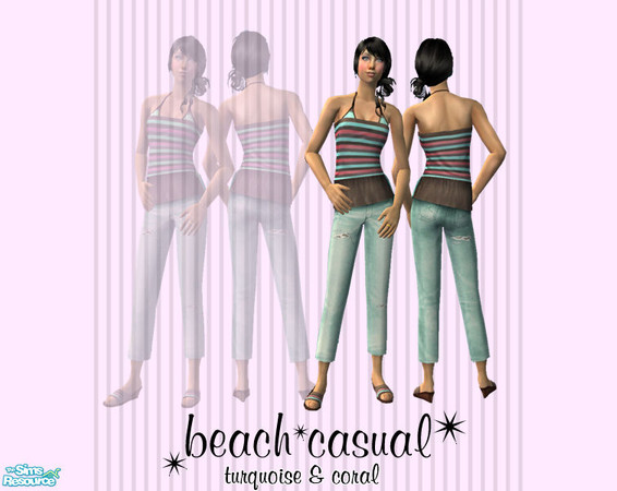 Sims 2 — Beach Casual - Turquoise & Coral by ScoobySnax — The ensemble is a great for a stroll along the beach. The