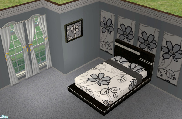 Sims 2 — Bold Gray Decorated Bedroom Set by jigsawtooth — Set includes bedding, painting, curtains, carpet and 2 wall