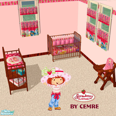 Sims 2 — Strawberry Shortcake Toddler Room Set by cemre — Strawberry Shortcake theme used in fabrics and red wood used in