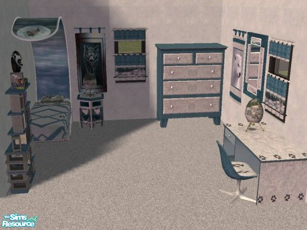 Sims 2 — Wolf theme set by Bitzybus — Grey and green bedroom set with wolfes. **Objects updated (feb 10) to be compatible