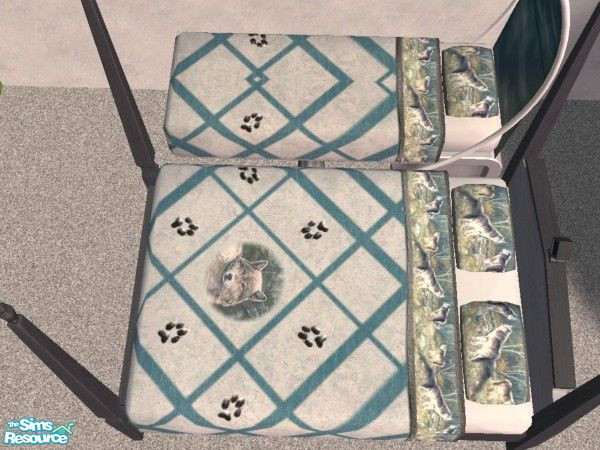 Sims 2 — Wolf bedding by Bitzybus — Green and grey tones with wolf prints. For single and double beds.