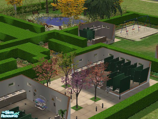 Sims 2 — Garden Maze by hippiebill — Has 4 distict areas: maze, lake, restroom facilities (w/changing stations), and