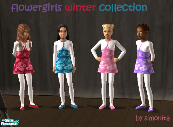 Sims 2 — flowergirls winter collection by simonita — four winter dresses with flower motives combined with a white
