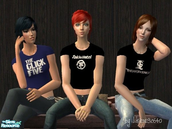 Sims 2 — Request Set 2 for Women by ILikeMusic640 — includes the Last Goodnight, Tokio Hotel, and the Click Five shirts.