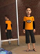 Sims 2 — Boy's Halloween outfit by buntah — Orange and black short set with a bat on the front.