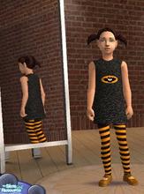 Sims 2 — Girl's Halloween outfit by buntah — Black dress with a bat on the front, with orange and black striped tights.