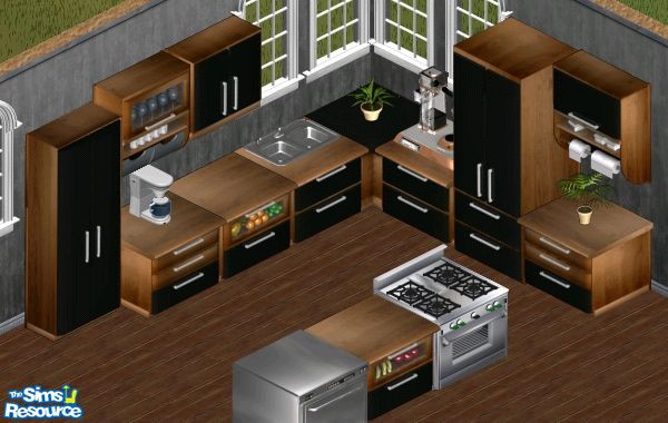 Sims 1 — Black 2003 Kitchen by Secret Sims — includes: Counters(5), Fridge, Cabinet