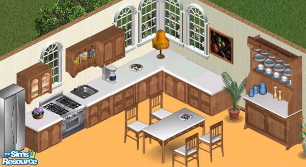 Sims 1 — Country Kitchen by Secret Sims — Includes: Counters(6), Cupboard, Chair, Table