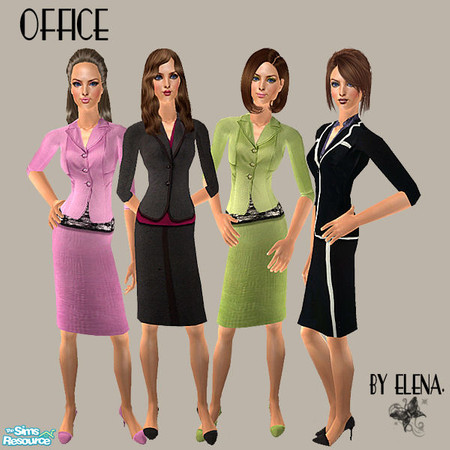 Sims 2 — Office by Elena. — Four business outfits. Don\'t forget to download mesh # 091 by the lovely Liana. Enjoy!