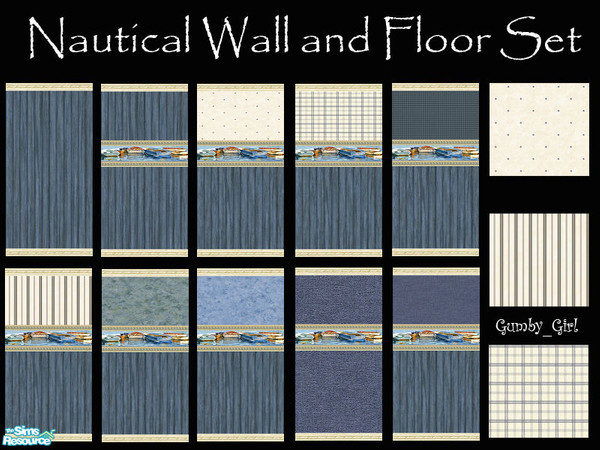 Sims 2 — Nautical Wall and Floor Set by Gumby_Girl — Set of 10 wallpapers in a nautical theme. Blue wood panelling, boat