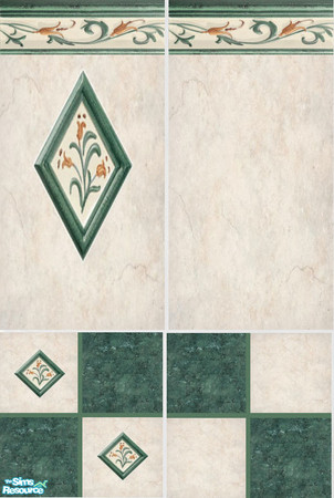 Sims 2 — KS Green Floral Tiled Walls and Floors by mskitty — I hope you like them. Looks great in the game.