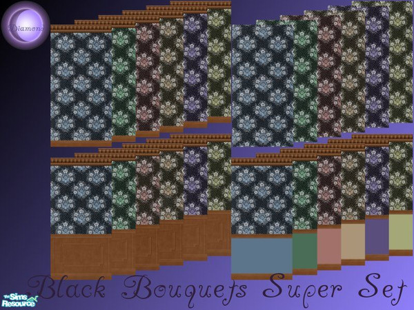 Sims 2 — D2DBlack Bouquets Super Set by D2Diamond — All six colors, all four styles, 24 walls total. Also includes a