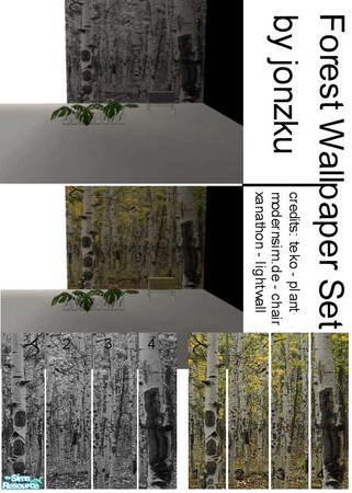 Sims 2 — Forest Wallpaper Set by jonzku — This set has 8 wallpaper walls. 4 black & white , 4 \"natural\".