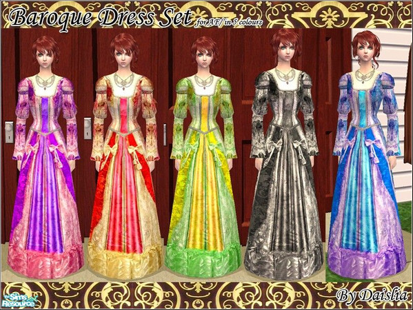 Sims 2 — Baroque Dress Set by Daislia — Recoloured from Maxis vampire dress, NightLife EP required, 5 colours total,