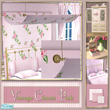 Sims 2 — Vintage Charm Pink -  Canopy Gold Trim Recol by Cashcraft — Vintage Charm Pink is a collection of recolors for